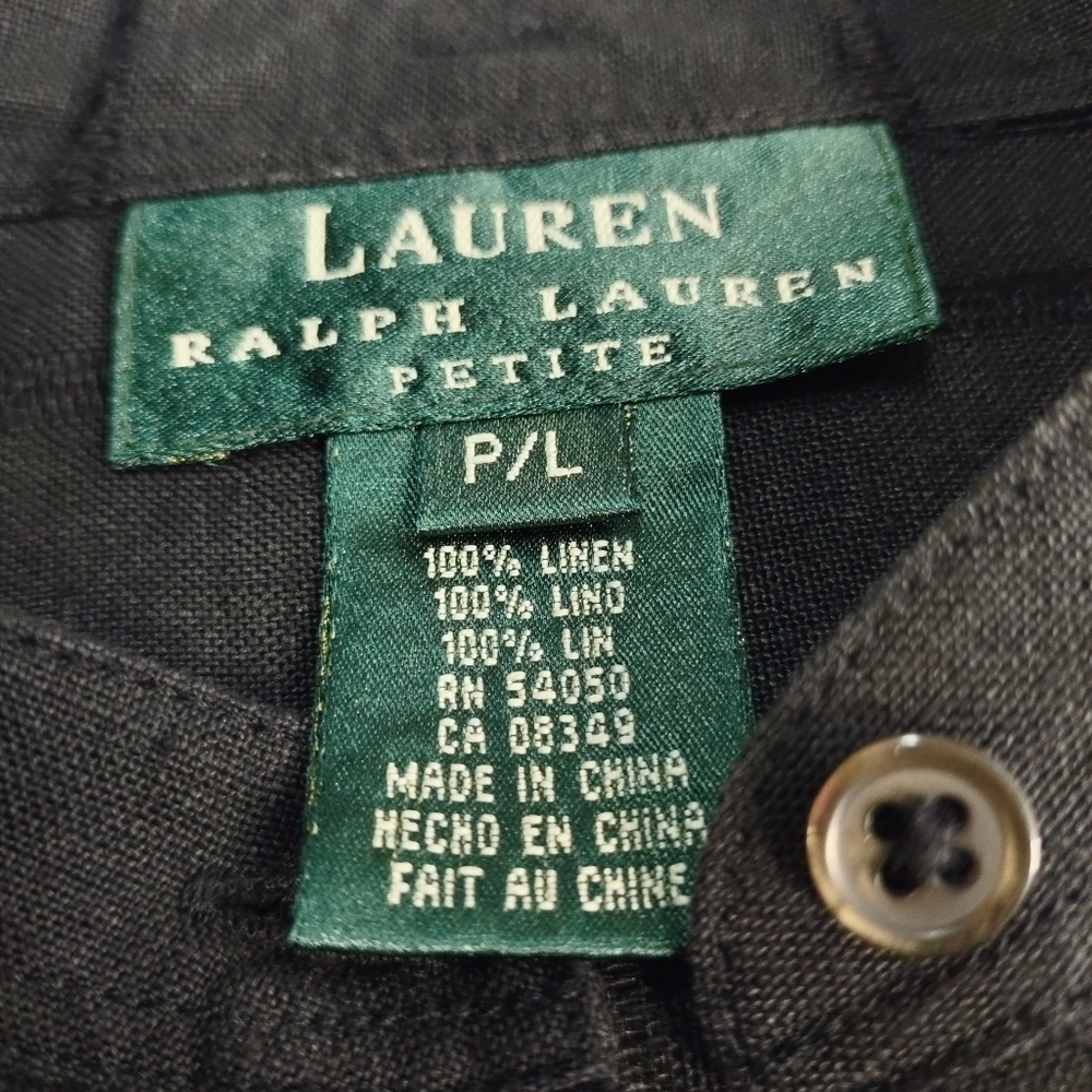 Lauren Ralph Lauren Women's Black Linen Button Up Roll-up Tab Sleeve Shirt Sz PL - Picture 7 of 7